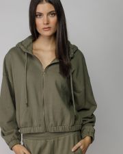 KHAKI WOMEN'S HOODED ZIP SWEATER